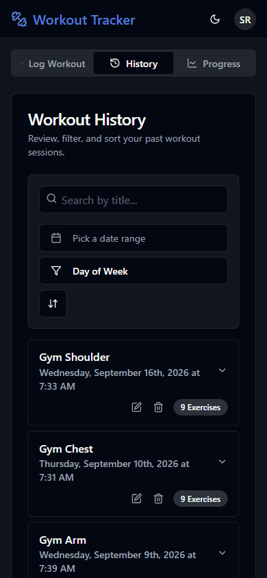 Workout history list filtered by exercise