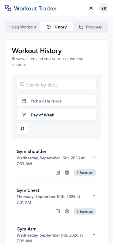 Workout history list filtered by exercise