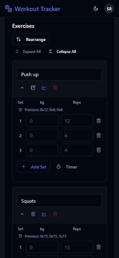 Logging sets for a workout, with last session shown as placeholders