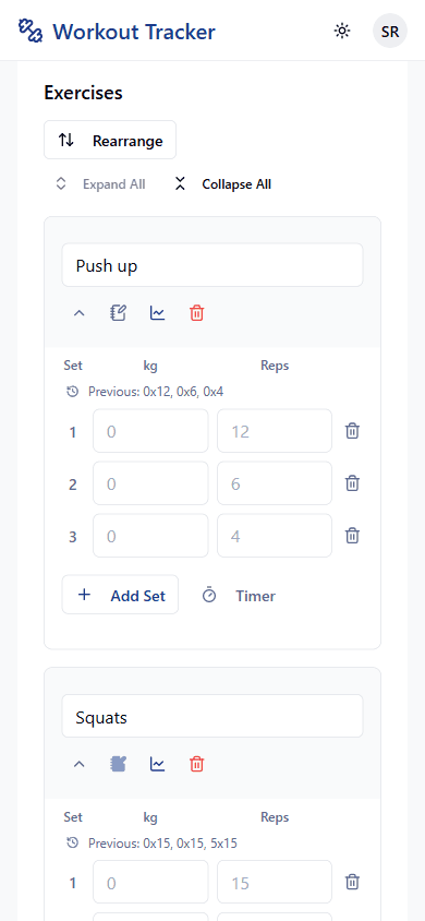 Logging sets for a workout, with last session shown as placeholders